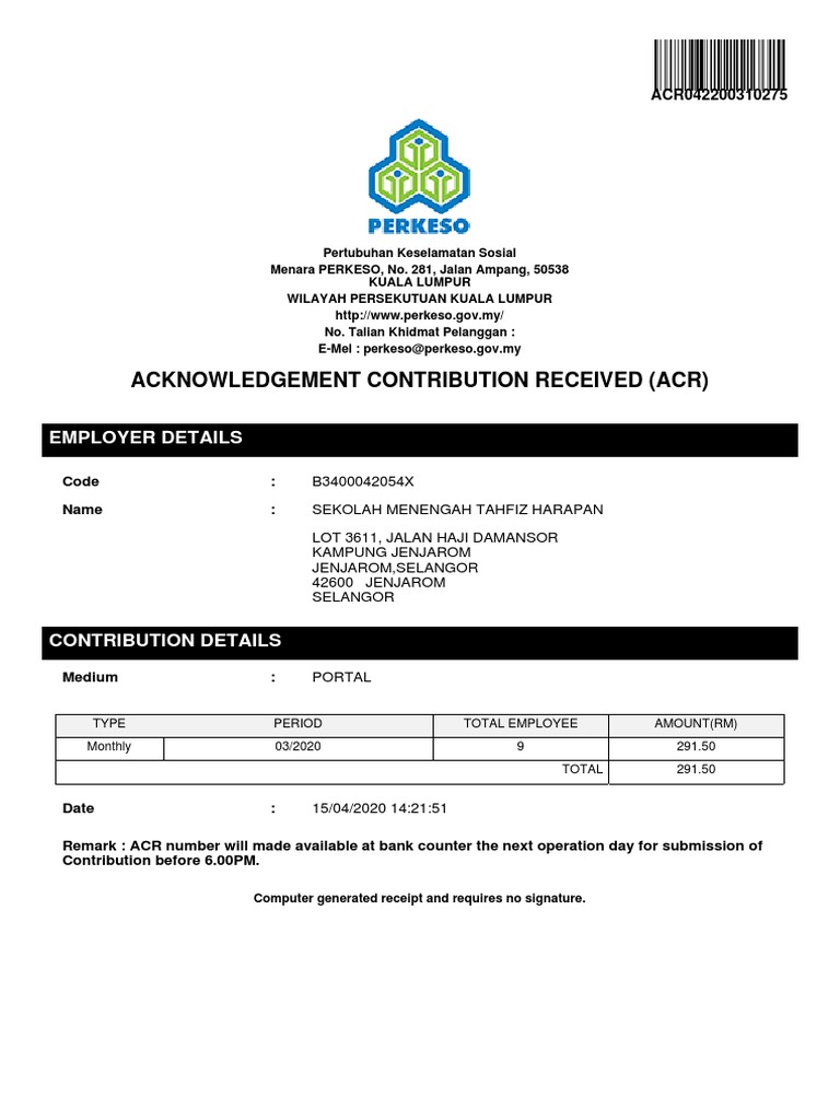 Acknowledgement Contribution Received (Acr) : Employer Details | PDF