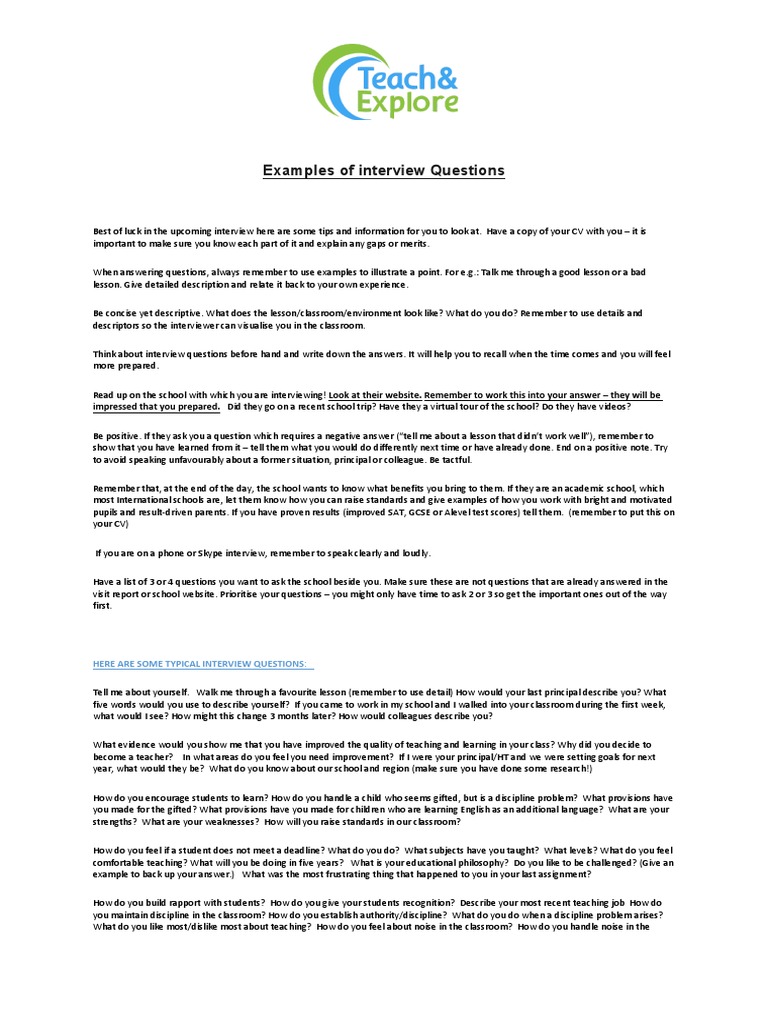 Essential Interview Questions for Teachers | PDF | Educational ...