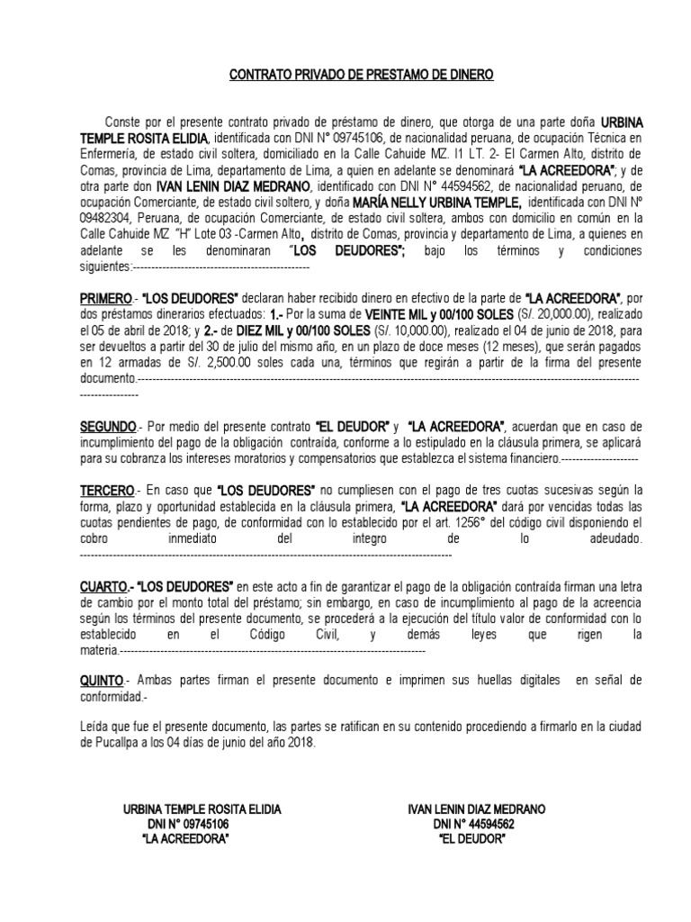 Contrato Privado de Prestamo de Dinero - Ivan y Maria | PDF | Pagos ...