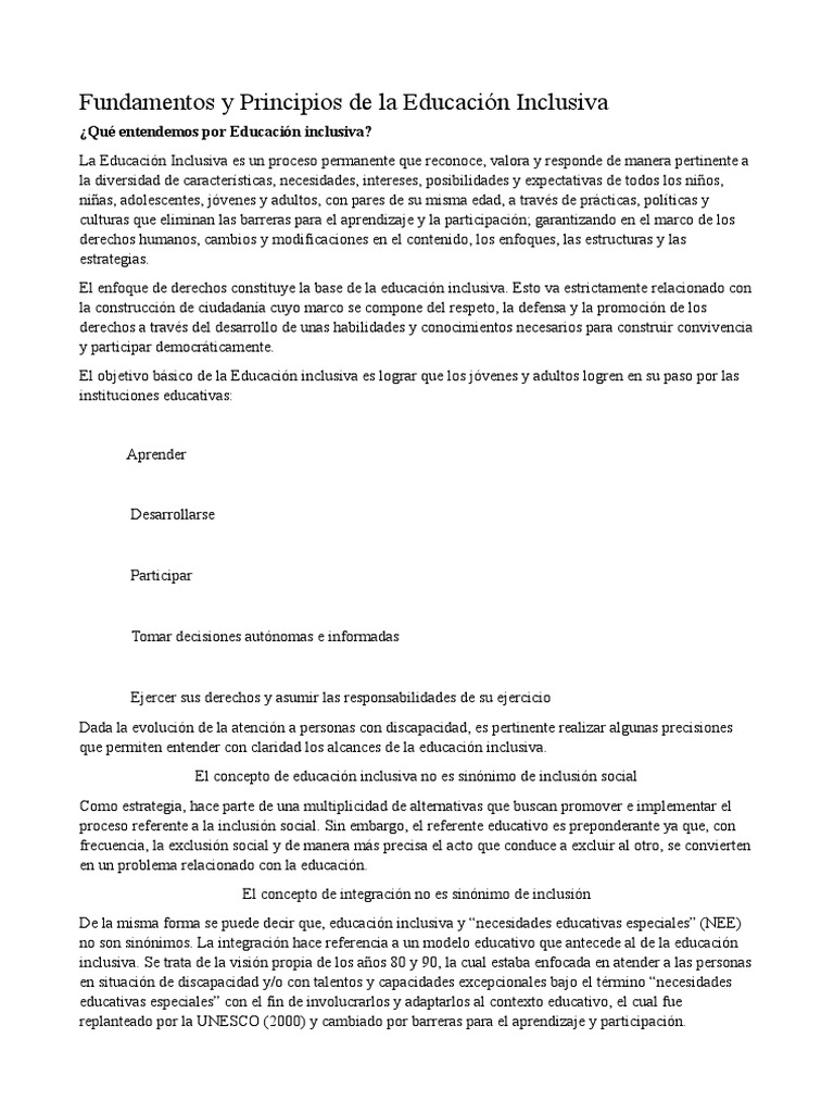 Fundamentos y Principios de La Educacion Inclusiva | PDF | Inclusión ...