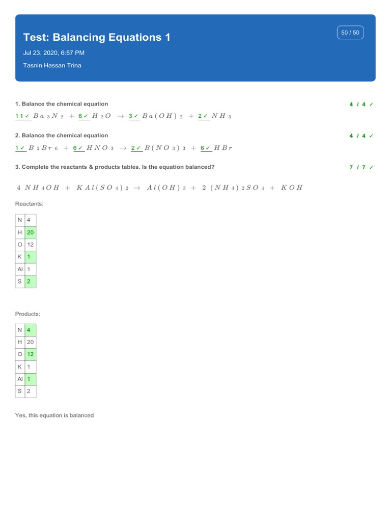 Balancing Chemical Equations Test | PDF | Equations | Change