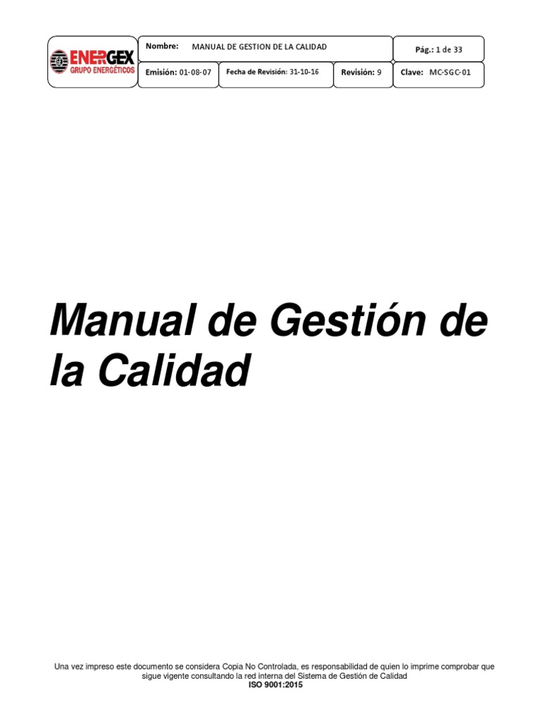 Manual de Gestión de Calidad ISO 9001:2015 | PDF | Sistema de manejo de ...