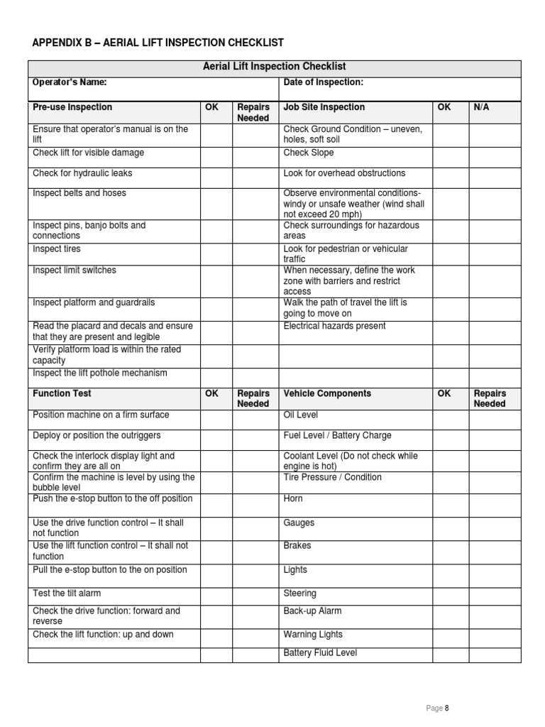 Appendix B Aerial Lift Inspection Checklist Aerial Lift Inspection