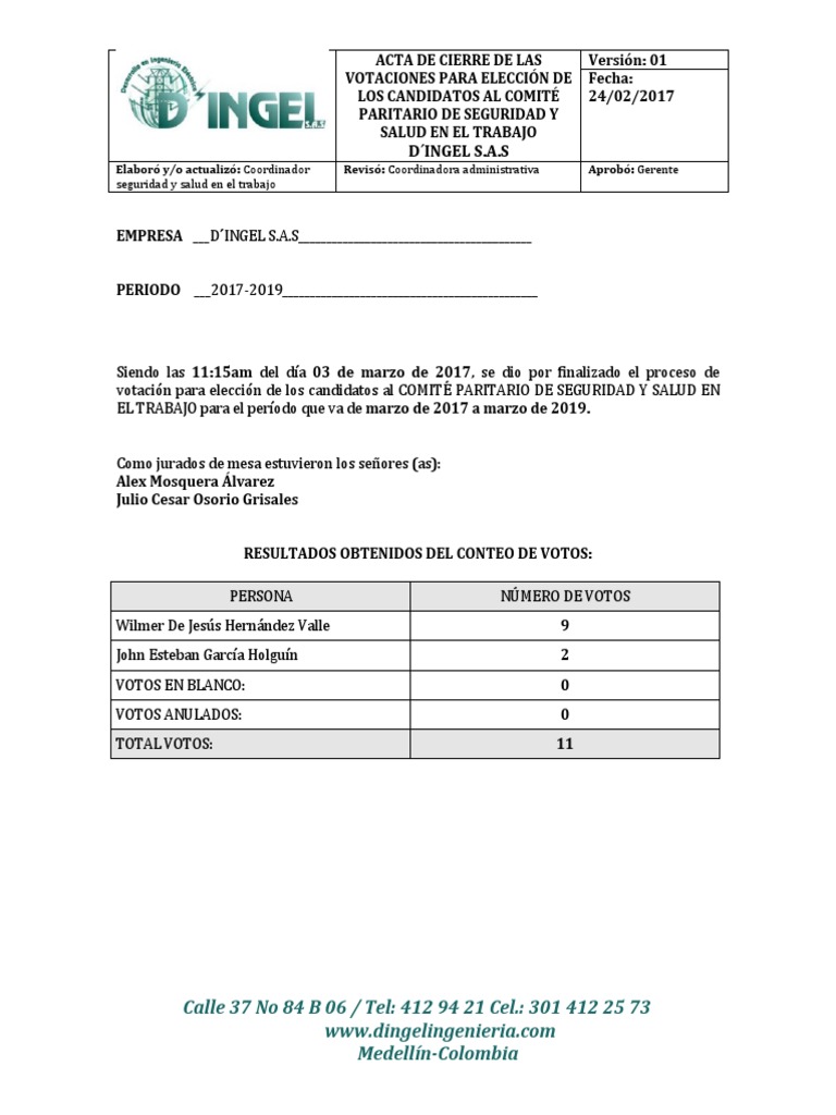 Acta de Cierre de Votaciones COPASST | PDF | Elecciones | Eventos políticos