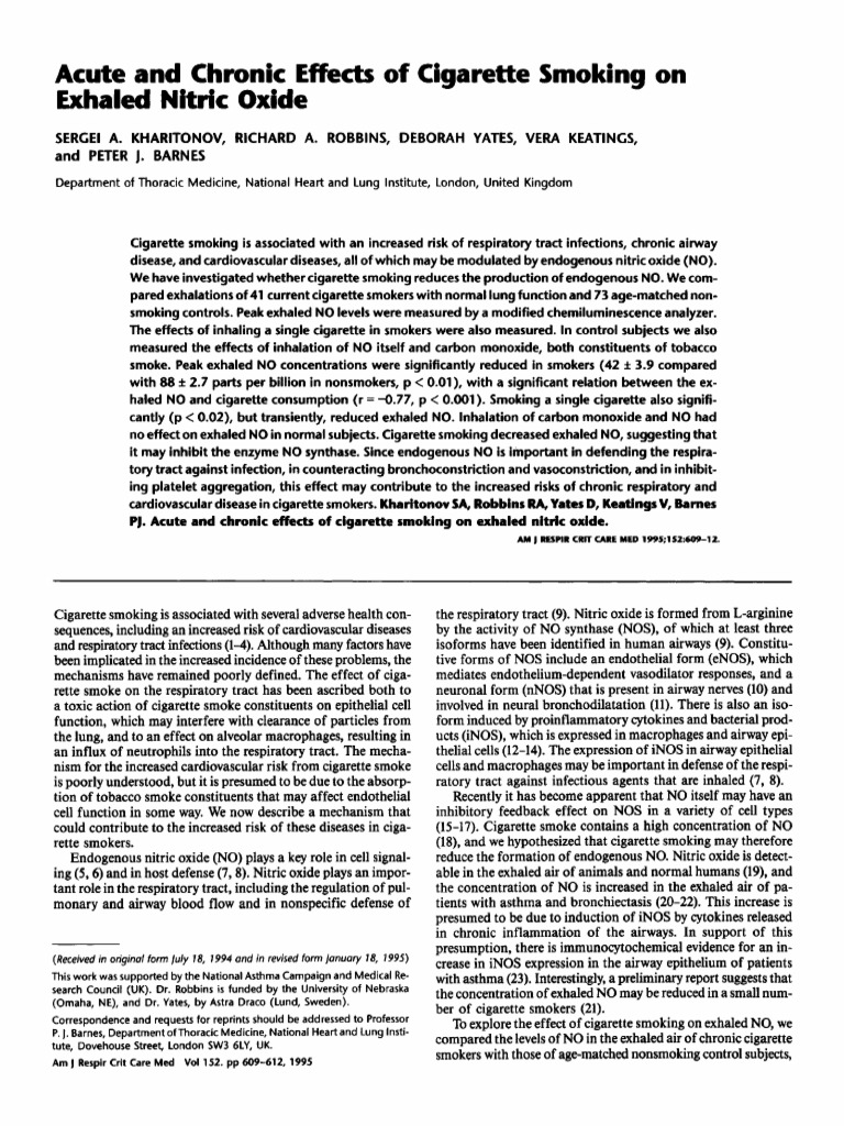 Acute and Chronic Effects of Cigarette Smoking On Exhaled Nitric Oxide PDF Exhalation