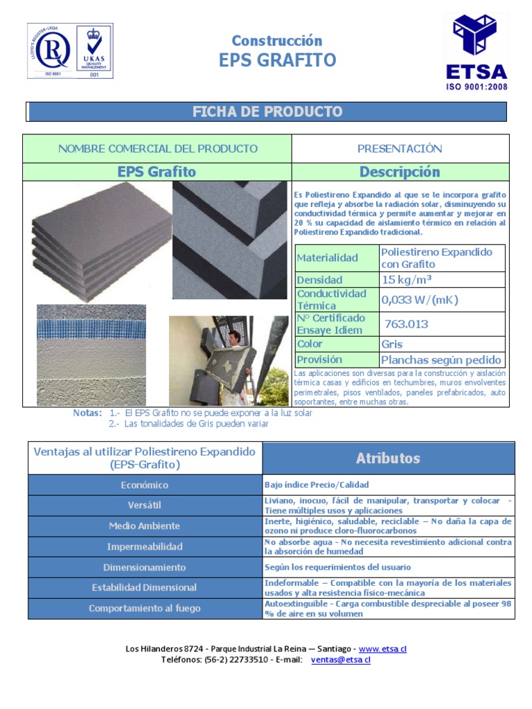 FICHA ETSA EPS Grafito Rev12 | PDF | Aislamiento térmico | Poliestireno