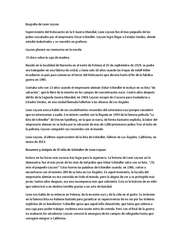 Biografía de Leon Leyson, sobreviviente del Holocausto | PDF | El ...