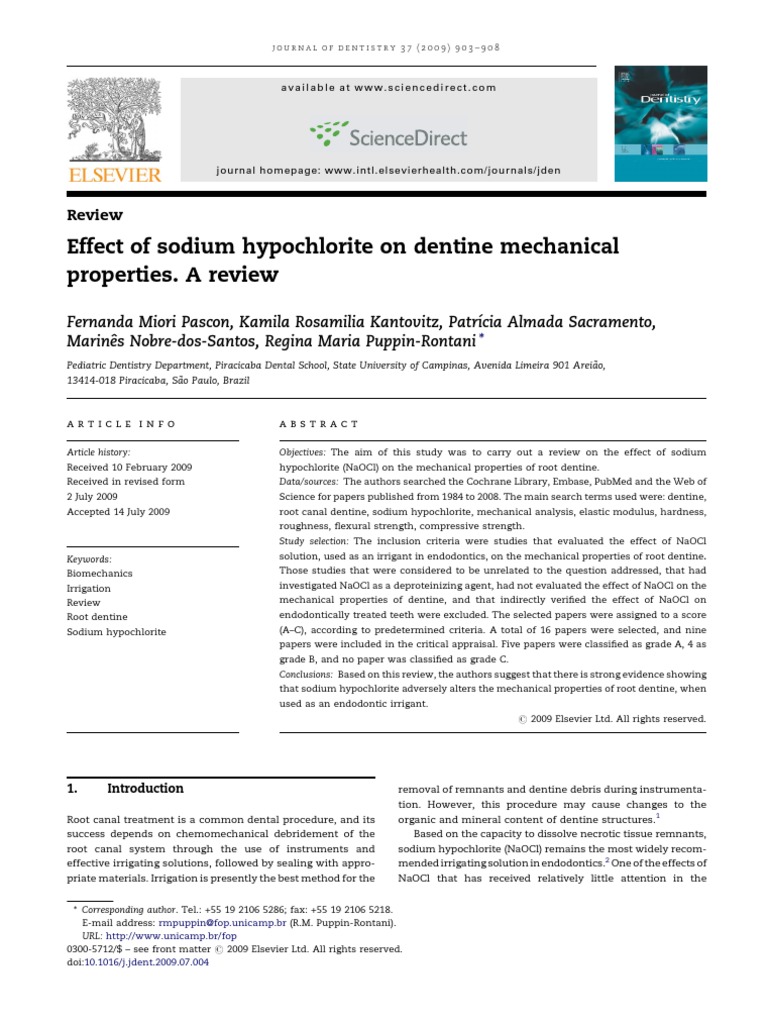 Effect of Sodium Hypochlorite On Dentine Mechanical Properties. A