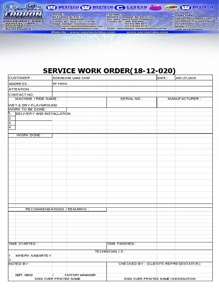 SERVICE WORK ORDER (18-12-020) : Sign Over Printed Name Sign Over ...