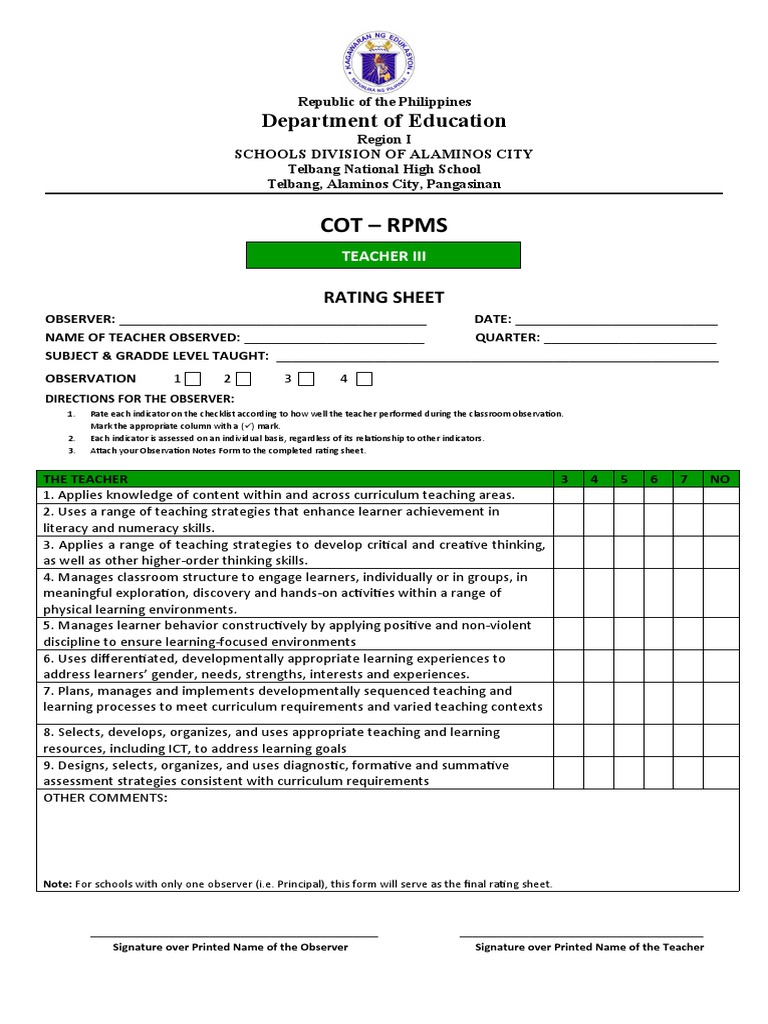 COT RPMS RATING SHEET OBSERVATION NOTES FORM AND INTER OBSERVER
