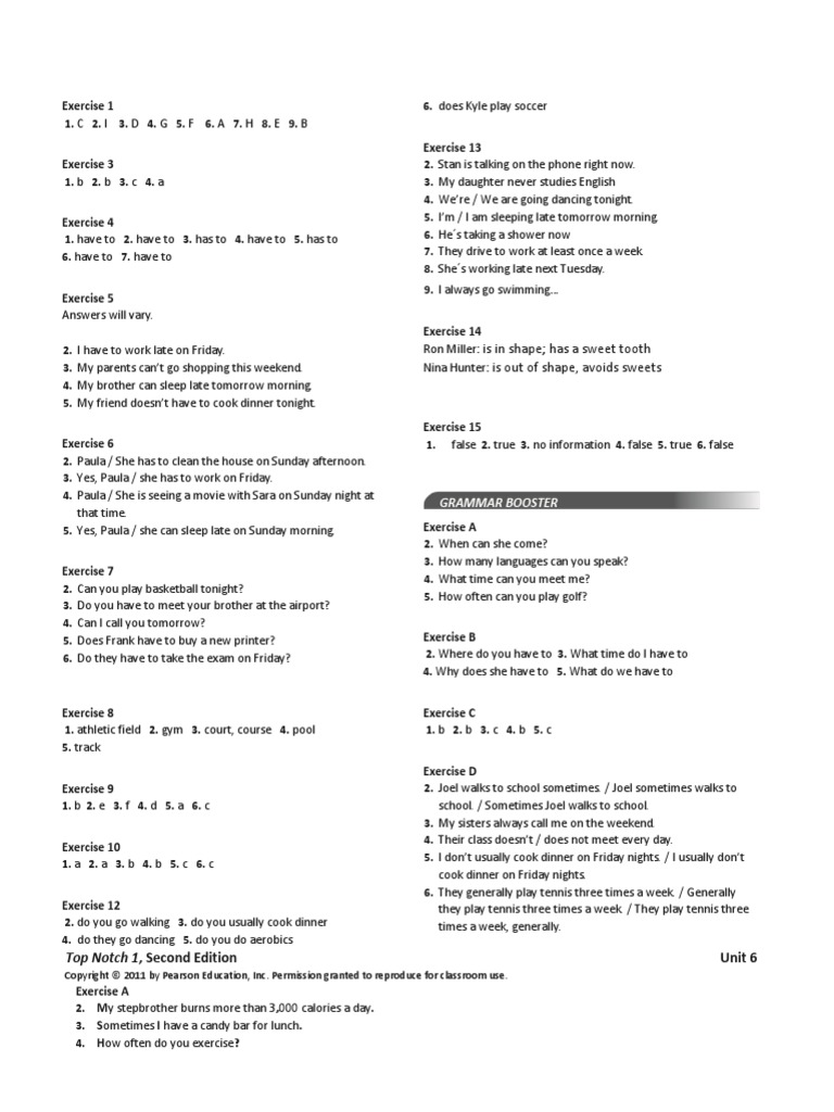Top Notch 1 Workbook Answers (UNIT 6) PDF Sports