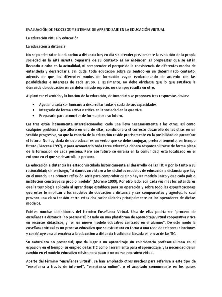 Evaluación de Procesos y Sistemas de Aprendizaje en La Educación ...