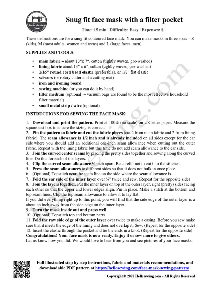 Face Mask Instructions PDF Seam (Sewing) Sewing