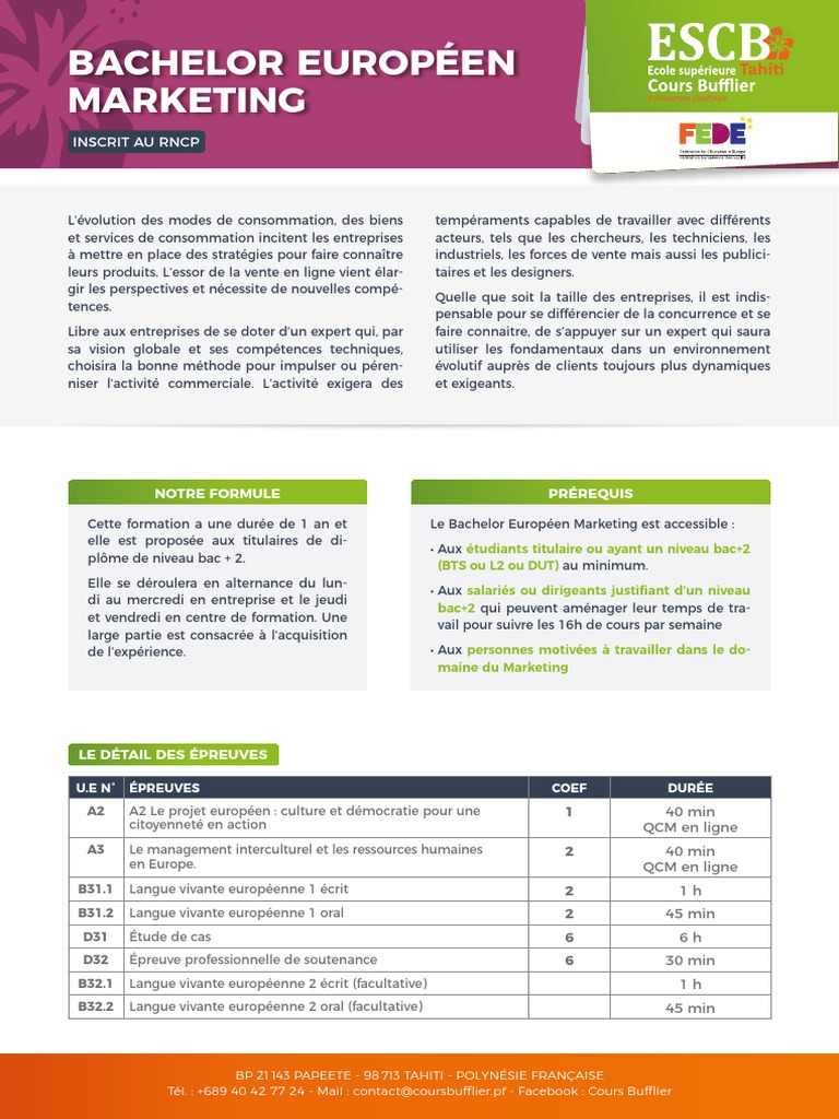 Bachelor Européen en Marketing à Tahiti | PDF | Sodles | Commercialisation