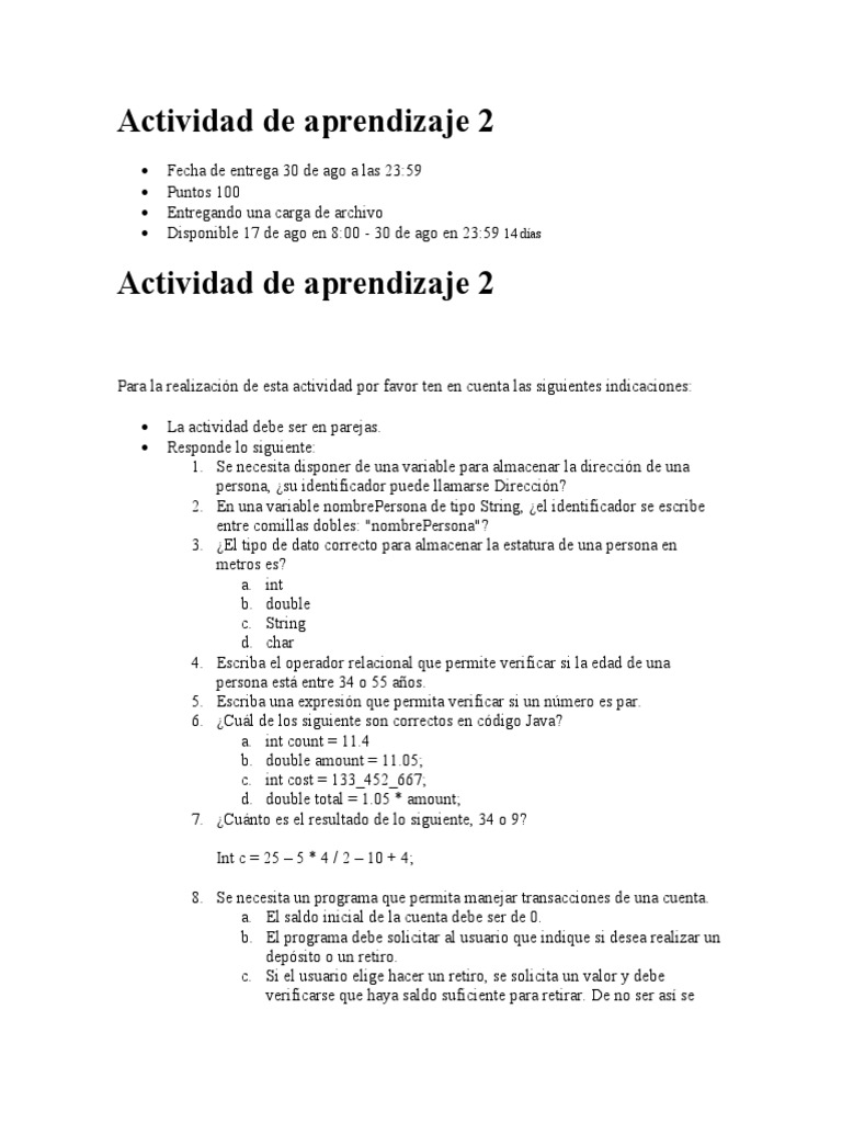 Actividad de Aprendizaje en Java | PDF | Programación de computadoras ...