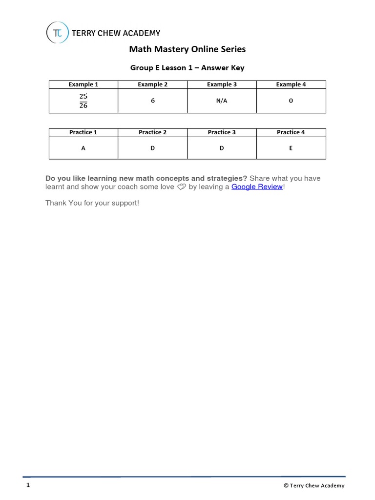 Math Mastery: Group E Lesson 1 | PDF