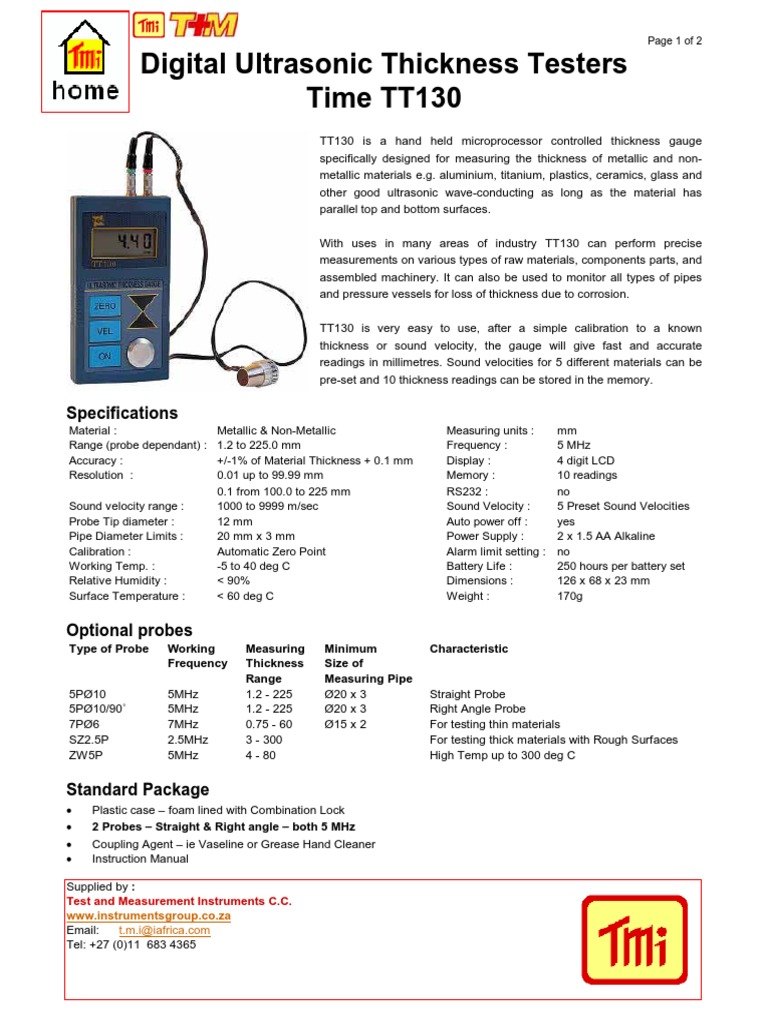 Digital Ultrasonic Thickness Testers Time TT130 Specifications PDF