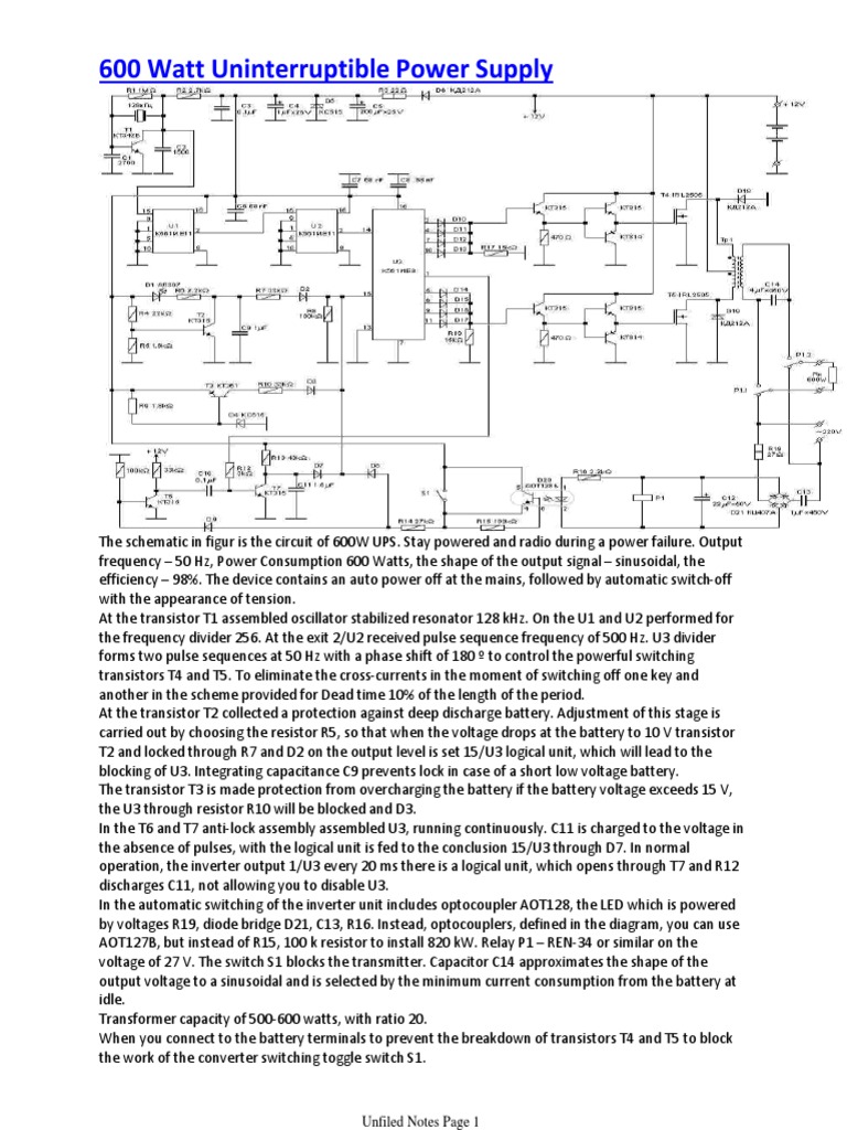 A Detailed Circuit Schematic and Description for a 600 Watt Uninterruptible Power Supply PDF
