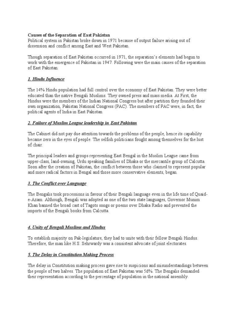Causes of East Pakistan's Separation | PDF | Pakistan | Partition Of India