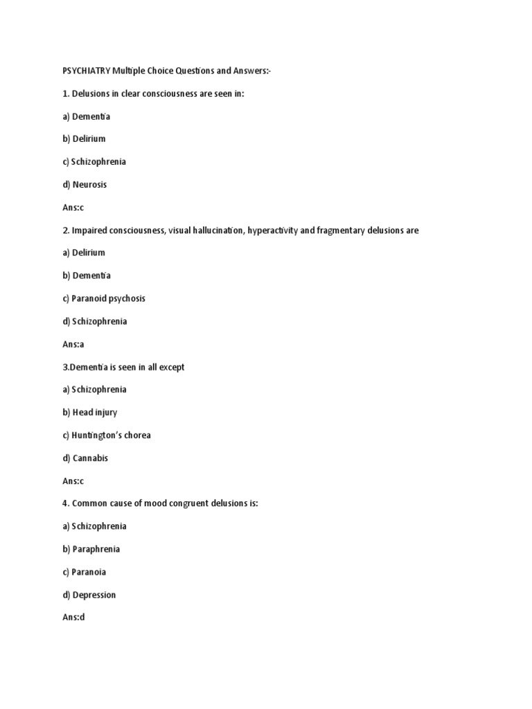 PSYCHIATRY Multiple Choice Questions and Answers PDF Psychosis