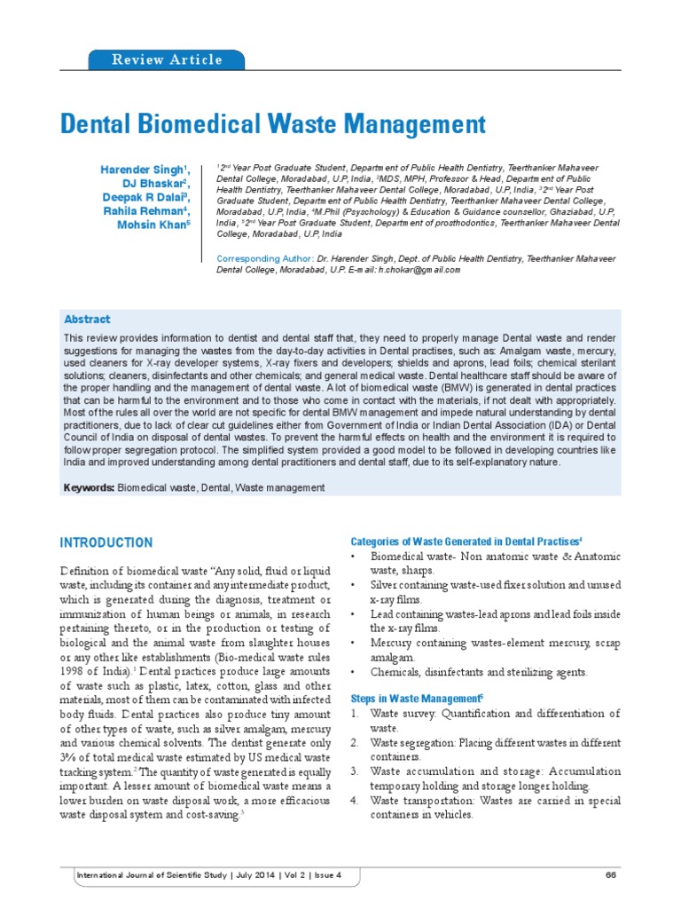 Dental Biomedical Waste Management Review Article PDF Waste
