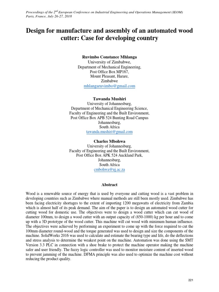 Design For Manufacture and Assembly of An Automated Wood Cutter: Case ...