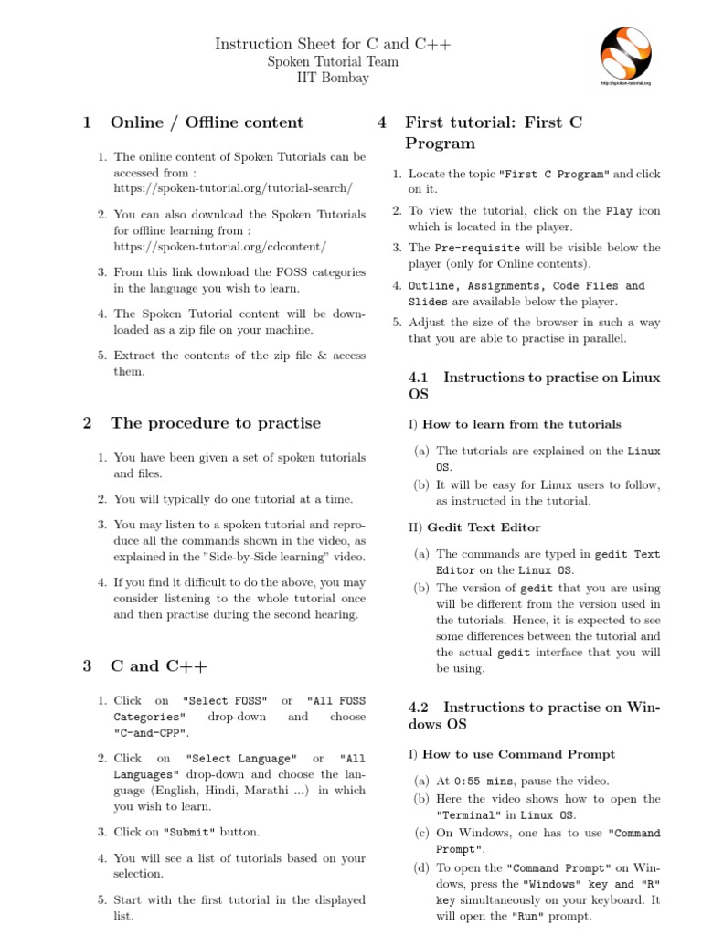 Instruction Sheet For C and C++: Spoken Tutorial Team IIT Bombay | PDF ...