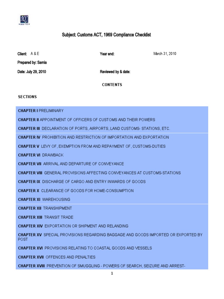 Customs Act 1969 Compliance Checklist | PDF | Customs | Government ...