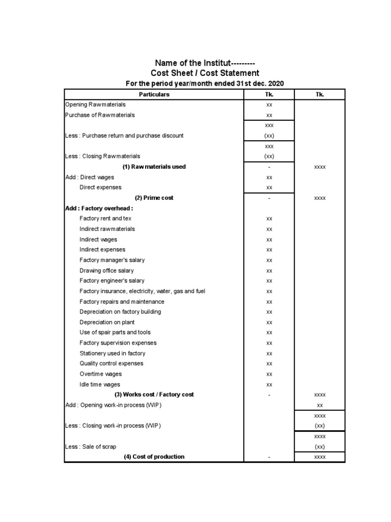Cost Sheet / Cost Statement Download Free PDF Business Economics