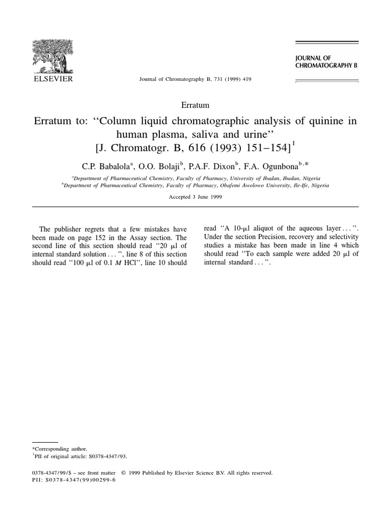 Erratum To Column Liquid Chromatographic Analysis of Quinine in Human