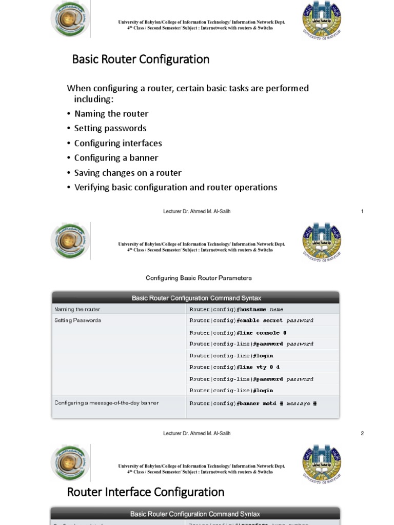 Basic Router Configuration: Lecturer Dr. Ahmed M. Al-Salih 1 | PDF ...