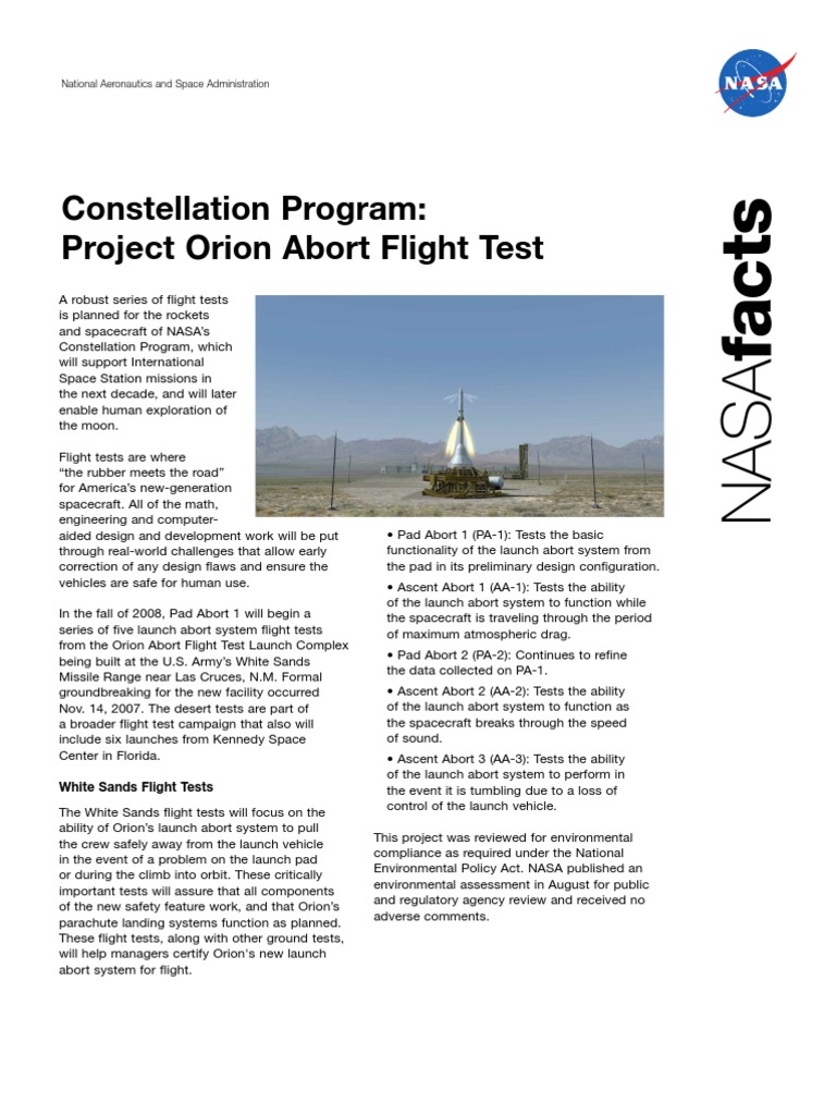 NASA Facts Constellation Program Project Orion Abort Flight Test | PDF ...