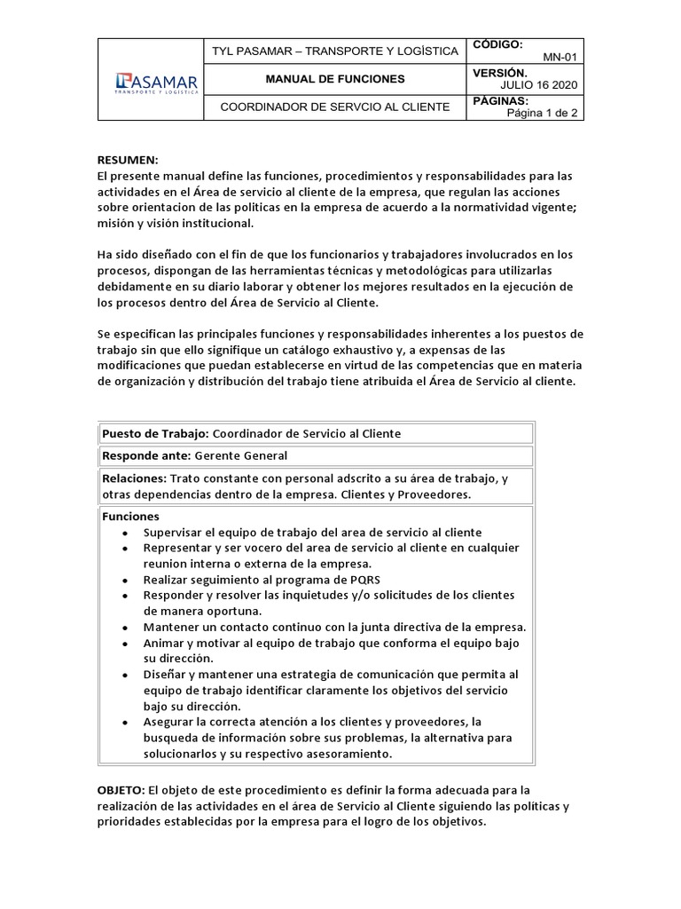 Manual de Funciones: Coordinador Servicio al Cliente | PDF | Servicio ...