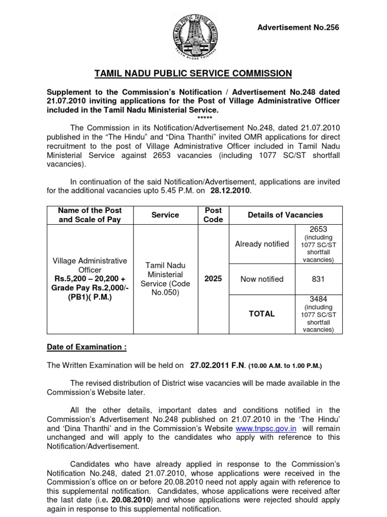 Supplemental Notification for Additional Vacancies for the Post of