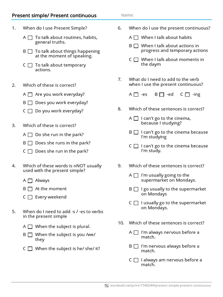 Present Simple Present Continuous Quiz | Download Free PDF | Subject ...