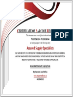 Certificate of Barcode Registration for Assured Supply Specialists