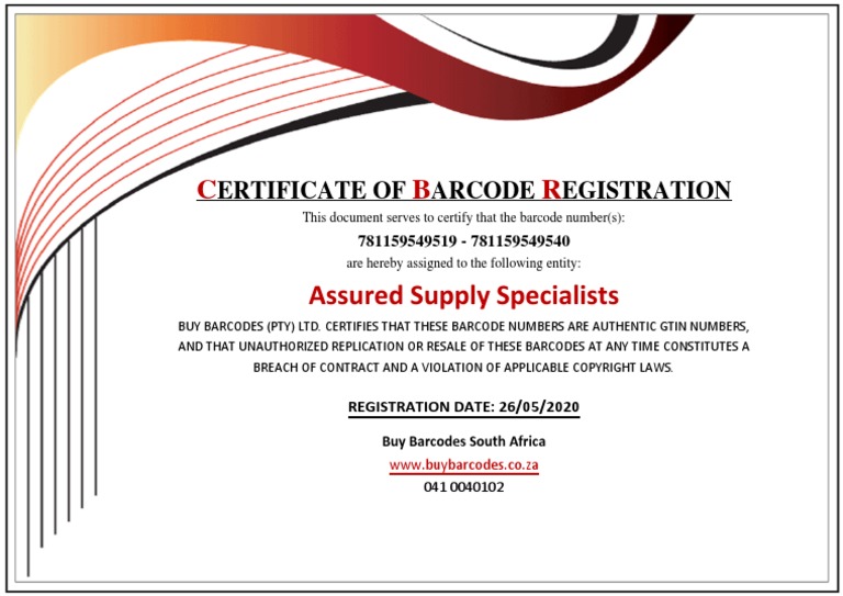 Barcode Registration Certificate | PDF | Business | Finance & Money ...