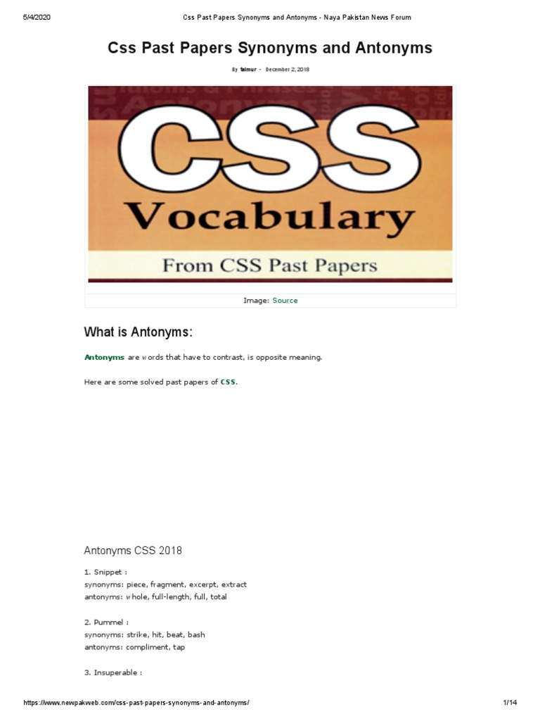 Css Past Papers Synonyms and Antonyms - Naya Pakistan News Forum | PDF |  Lexical Semantics | Interpretation (Philosophy)