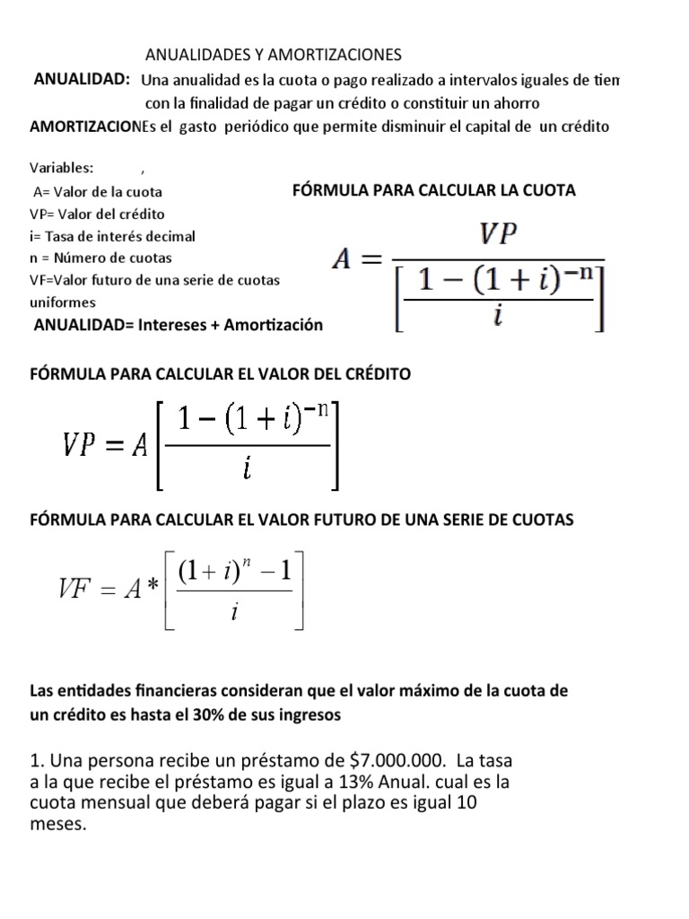 Fórmulas de Anualidades y Amortización | PDF
