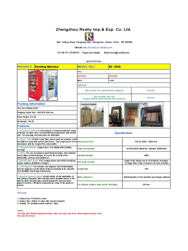 205a Vending Machine Quotation Technology & Engineering Business