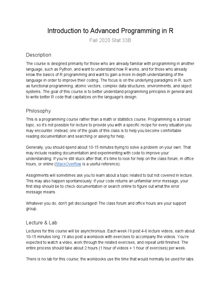 Introduction To Advanced Programming in R: Description | PDF | Data ...