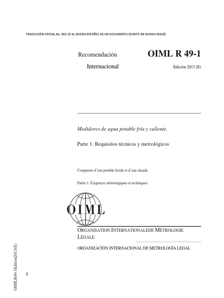OIML R 49 Parte 1 Medidores de Agua Potable Fria y Caliente | PDF ...