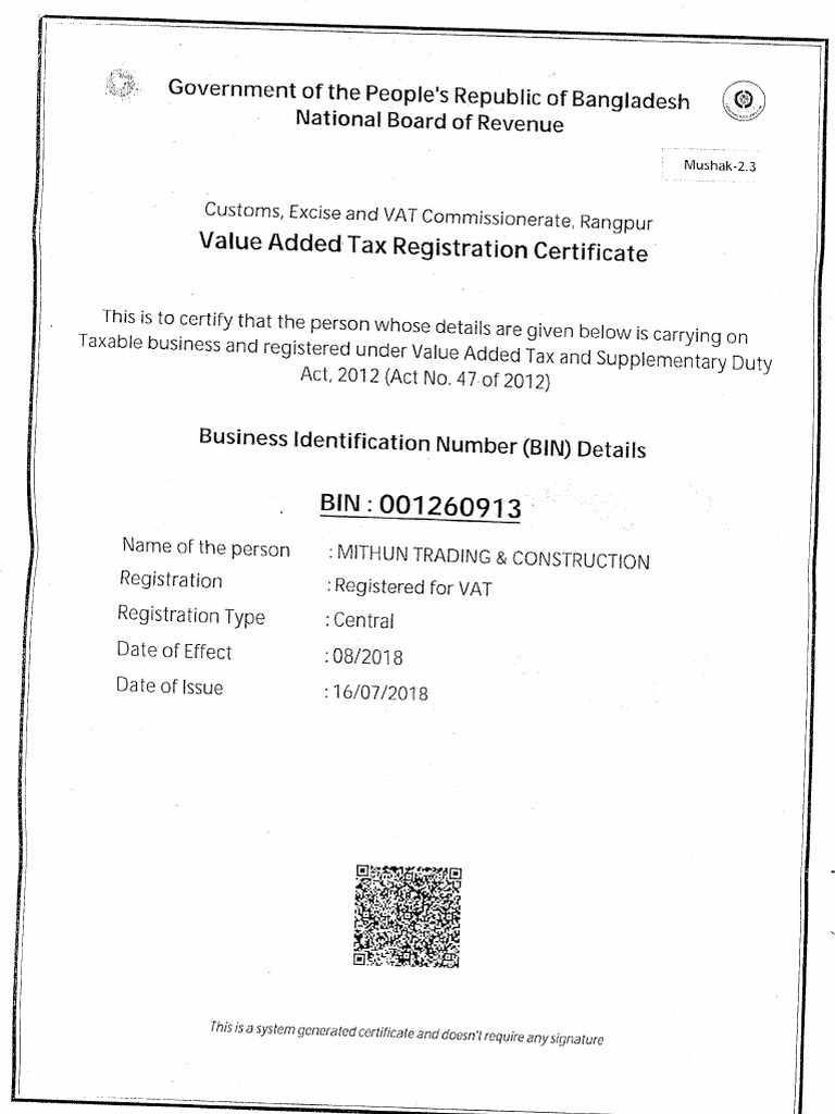 VAT BIN Certificate PDF