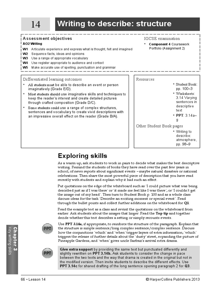 Writing To Describe: Structure: Exploring Skills | PDF | Writers | Books
