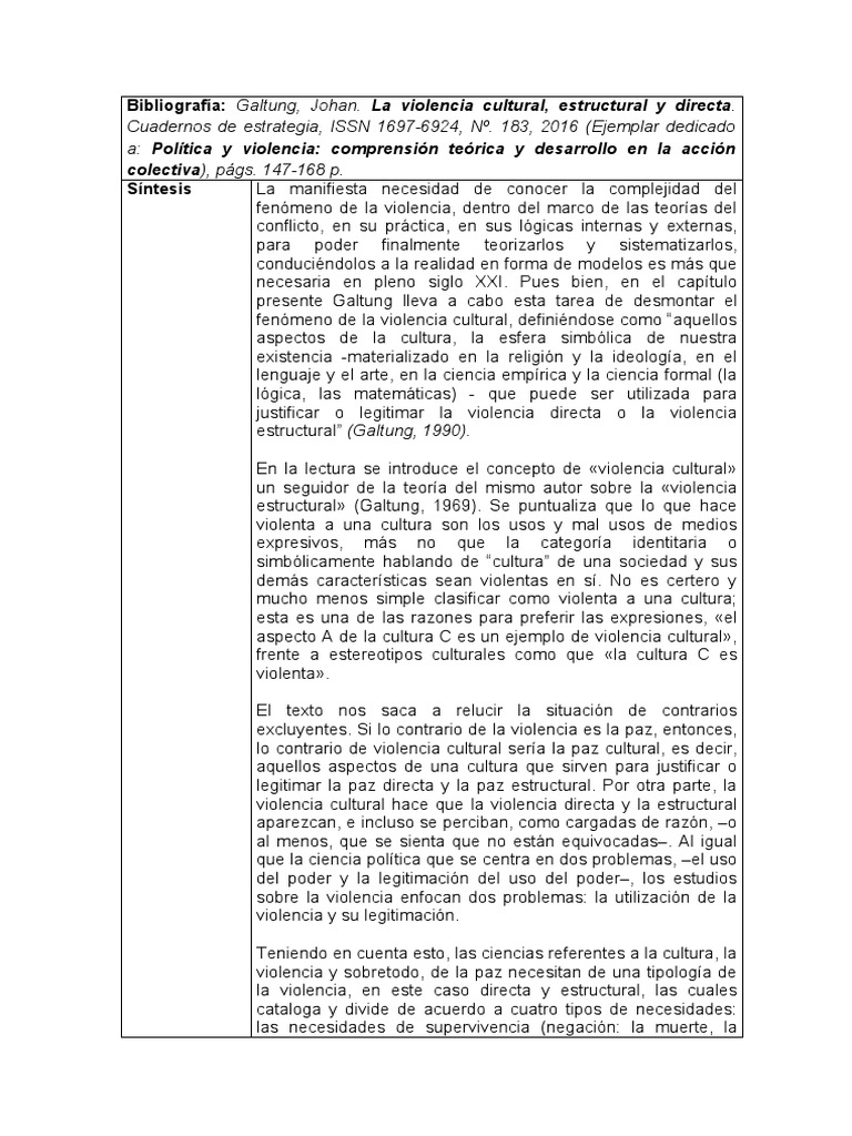 Teorizando sobre la violencia Galtung y los tipos de violencia cultural, estructural y directa