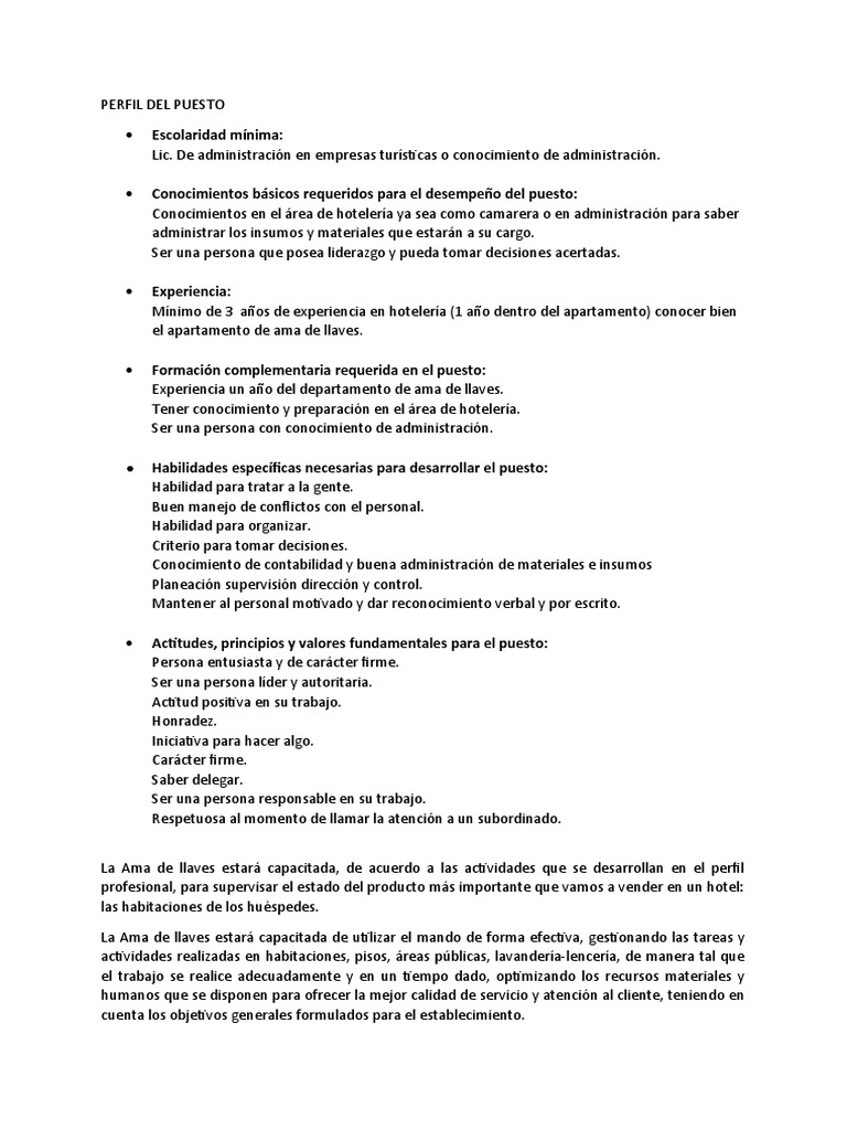 Perfil de Ama de Llaves PDF Hotel Seguridad y salud ocupacional