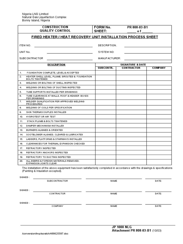Form No. Sheet: Fired Heater / Heat Recovery Unit Installation Process ...