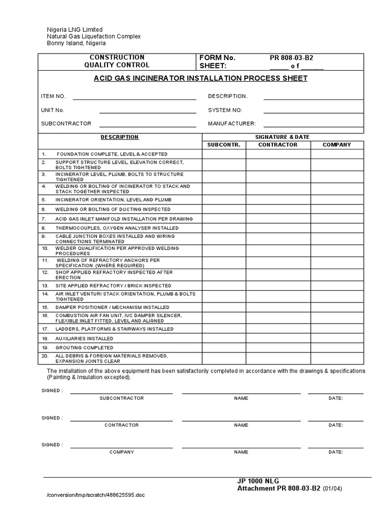 Form No. Sheet: Acid Gas Incinerator Installation Process Sheet | PDF ...
