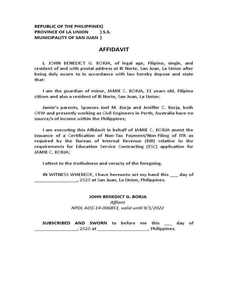 Affidavit of Ofw Parent Non Filing of Itr and No Sources of Income 