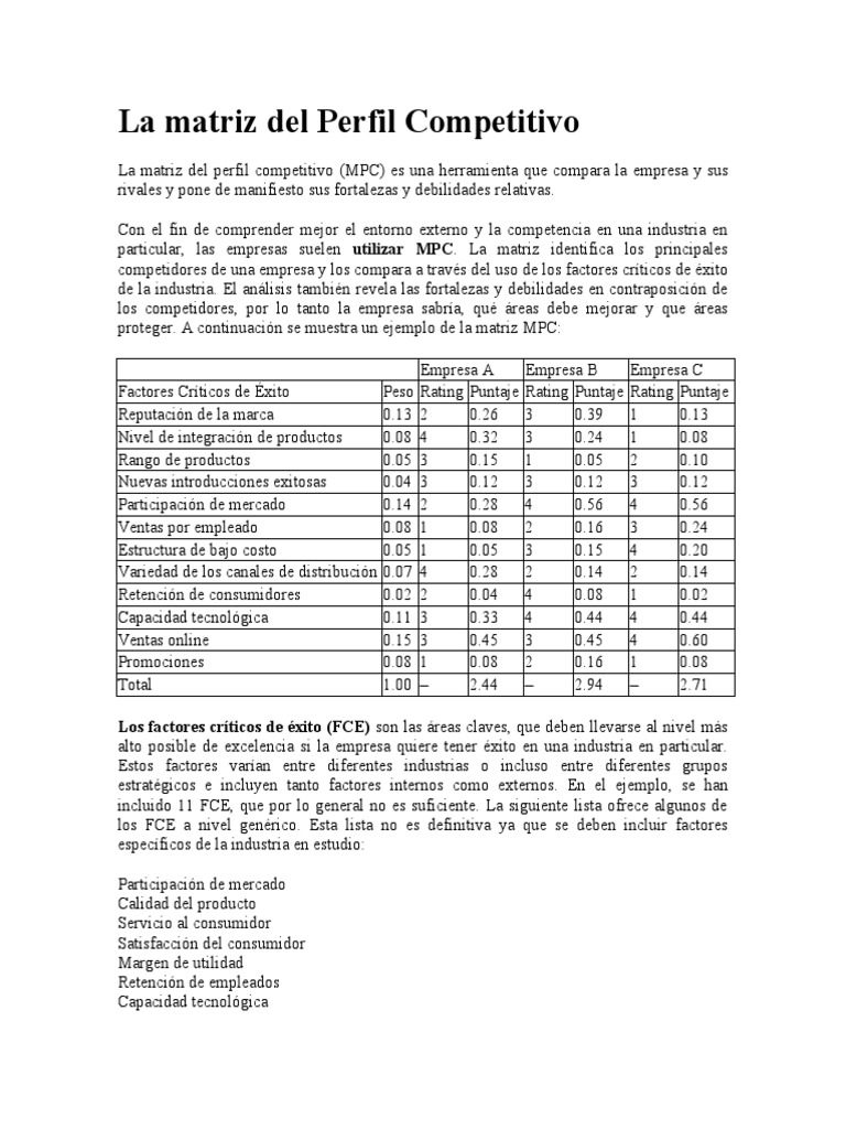 Matriz de Perfil Competitivo (MPC) | PDF | Business | Economias